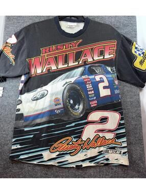 Vintage Rare 90s Rusty Wallace Miller Time NASCAR AOP Large T-shirt Racing